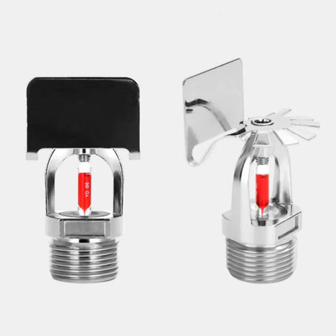 Heavy Duty Fire Sprinkler Head Five Pack With Slick Chrome Plated Brass Construction And Speedy 155 Degree Glass Bulb Activation For Smooth Sidewall Emergency Coverage - close-up of chrome plated brass sprinkler heads.