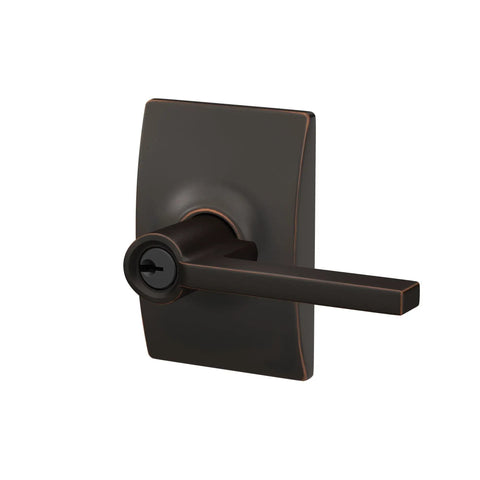 Latitude Lever Lock With Century Trim Keyed Entry In Aged Bronze, sturdy front door lockset with square backplate in classic finish.