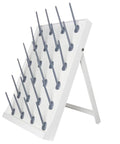 Heavy Duty Lab Drying Rack With Detachable Drip Rods And 9.5cm Spacing For Glassware, features multiple pegs in a sturdy white frame.
