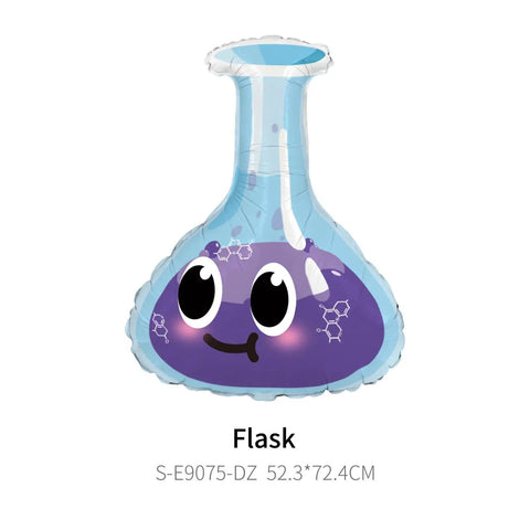 Blue Erlenmeyer flask foil balloon with smiley face, 52.3x72.4cm, for science party decor with mad scientist theme, helium ready.