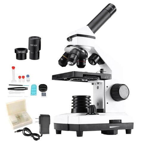 40X-2000X Microscope For Students And Adults, Home School Lab Kit with 10X and 25X eyepieces, 4X 10X 40X objective lenses, accessories