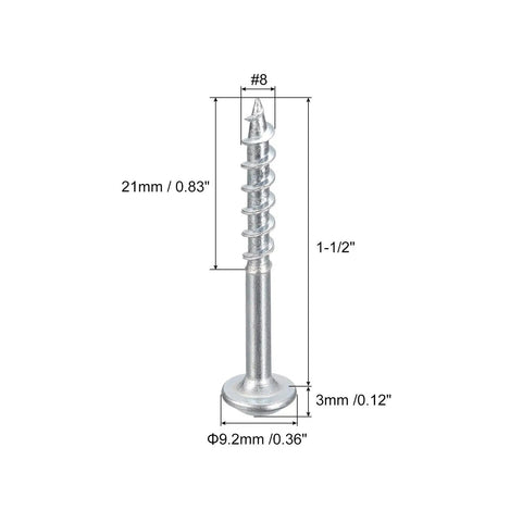 8 X 1-1/2 Inch Pocket Hole Screws 100 Pack Square Drive Self Tapping Wood Screws Off White Finish for Cabinetry and Furniture Projects Durable Steel Heavy Duty, with detailed measurements on screw length and diameter.