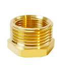 Brass hex reducing bushing adapter with 1/2in NPT female to 3/4in GHT male threads, close-up view