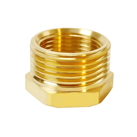 Brass hex reducing bushing adapter with 1/2in NPT female to 3/4in GHT male threads, close-up view