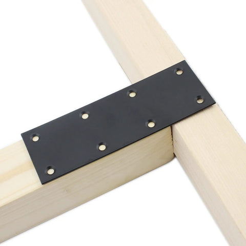 4 Pack Flat Straight Beefy Brace Brackets In Black Stainless Steel Heavy Duty Mending Bracket Plate installed on wood