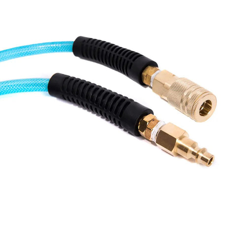 Close-up of 1/4 Inch Air Compressor Hose, 100 Ft Reinforced Polyurethane PU Line With 1/4 Inch Quick Connect Plug And Coupler Fittings, Blue
