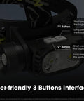 Rechargeable Focusable Headlamp With Red Light Switch Between 1800 Lumen Spotlight And 1400 Lumen Flood Peak 2000 Lumen Output USB C Charge Includes 2 NL1835HP Batteries And LumenTac Organizer For Night Hiking Camping And Work showing 3 button interface on black strap