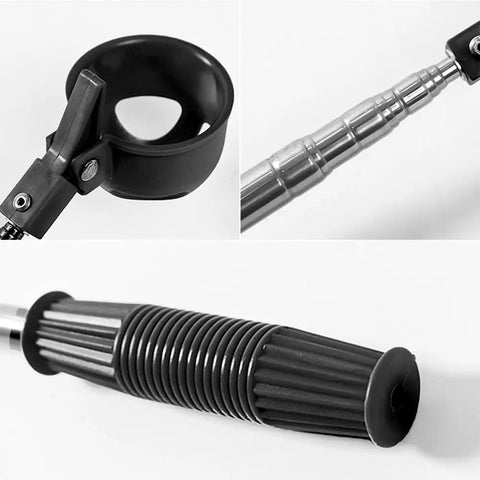Close-up of Telescoping Golf Ball Retriever With Locking Clip showing locking scoop, stainless steel shaft, and ergonomic handle design