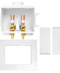Front view of Double Drain Laundry Outlet Box With Half Inch Crimp Pex F1807 Inlet Single Lever Hot Cold Valve Copper Water Hammer Arrestor Three Quarter Inch MHT Outlet Easy Frame Panel Install For Quiet Reliable Home Plumbing WM016, showing valves and frame panel.