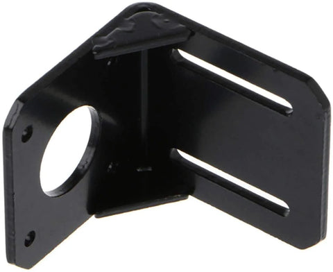 Black metal YVSPTIK 42mm Nema 17 motor mounting bracket, side view with slotted mounting holes