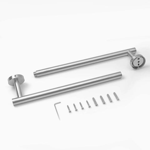 Brushed Nickel 24 Inch Towel Bar Wall Mounted Stainless Steel Bath Rack with mounting hardware and tools on white background