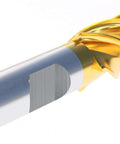Angled side view of tin-coated HSS end mill, 7/8 in diameter, 3/4 in shank, 1-7/8 in flute length, 4-1/8 in overall length
