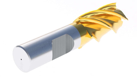 Angled side view of tin-coated HSS end mill, 7/8 in diameter, 3/4 in shank, 1-7/8 in flute length, 4-1/8 in overall length