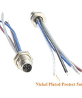 M12 L Code 5 Pin Panel Mount Receptacle Cable IP67 Waterproof Front Flush Mount Rugged Power Connector With Preassembled Wires 0.15M Lead