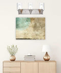Room with Dope Brushed Nickel Bathroom Light Fixture With Clear Glass Shade above art piece, modern style wall mount.