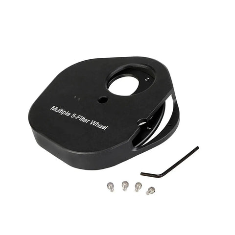 Fast Swappable Filter Wheel For 1.25 And 2 Inch Filters Metal Construction 5 Positions shown with screws and tool