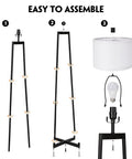 Assembly steps for tall 62 inch floor lamp with black metal base, white fabric drum shade, and 9W LED bulb