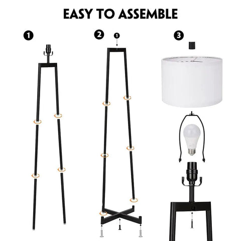Assembly steps for tall 62 inch floor lamp with black metal base, white fabric drum shade, and 9W LED bulb