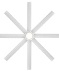Lowkey Quiet Eight Blade Smart Ceiling Fan With Matte White Build And Mocha Accents Remote Controlled Alexa Ready App Powered Ultra Efficient Modern Flex For Large Room Vibes viewed from above showing eight matte white blades.