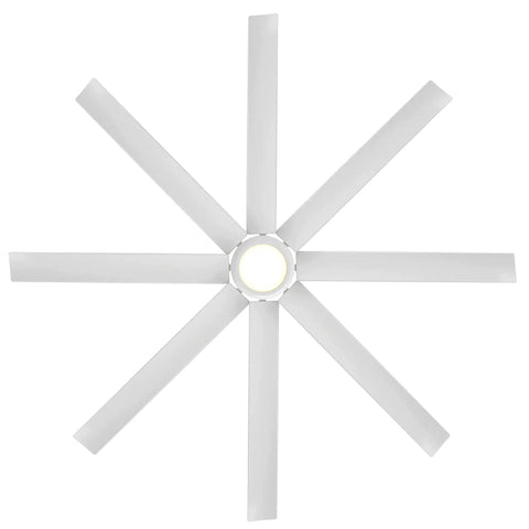Tight Smart Ceiling Fan With Eight Sleek Blades And Matte White Aluminum Design view from above showcasing blades and center light.