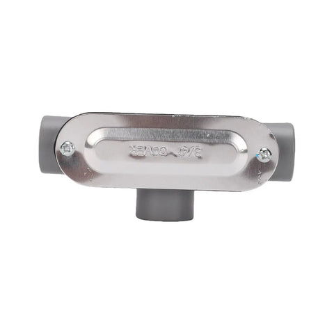 Heavy Duty T Type Conduit Body Three Quarter Inch Die Cast Aluminum Threaded Electrical Fitting with removable cover plate.