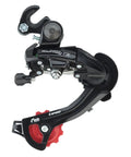 TZ500 6/7 Speed Long Cage Rear Derailleur With Frame Hanger for Road or Mountain Bikes, black with red pulley, side view