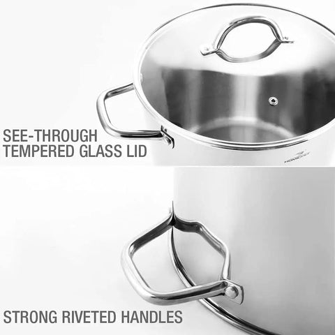 Commercial Grade 20 Quart Stock Pot With Lid Nickel Free Stainless Steel Heavy Duty Induction Ready Polished Stock Pot features.