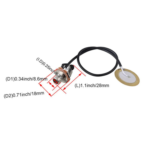 3 Pack Piezo Guitar Pickup Transducers With 0.25 Inch Output Jack for Guitar and Violin showing dimensions of plug and sensor