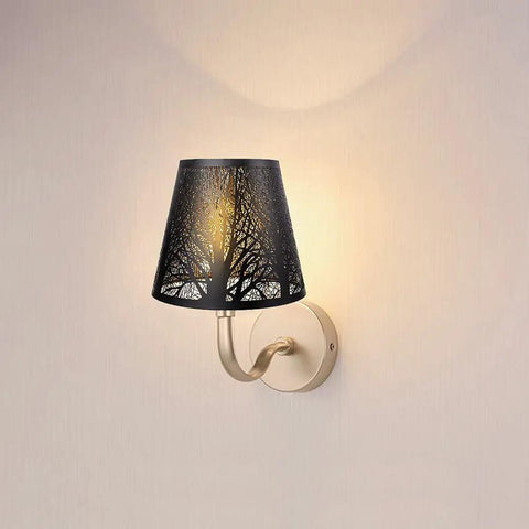 Wall-mounted lamp with Double Pack Clip On Lampshades For Candelabra Bulbs, Barrel Metal Lampshade With Tree Pattern In Black And Gold.