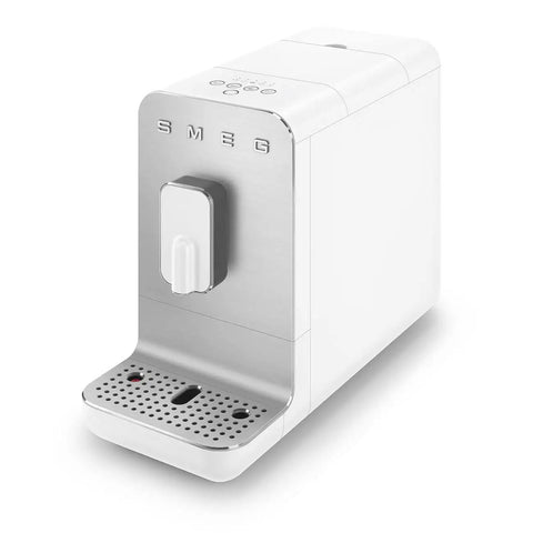 Real Deal Fully Automatic Espresso Machine With Durable Steel Burr Grinder For Bold Whole Bean Coffee And No Fuss Brewing In Sleek Matte White Kitchen Essentials, shown from the front angle.