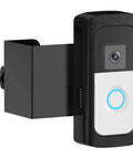 Image of a black No Drill Anti Theft Video Doorbell Mount for Quick Setup in Apartments and Homes Works With Most Video Doorbells Indoors Or Outdoors Keeps Your Doorbell Safe From Theft Fits Doors From Point Six To Two Point Three Inches Thick Black securing a video doorbell.