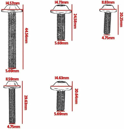 Schematic of bolt sizes from 177Piece Motorcycle Bolts Kit With Screws Nuts Washers Fasteners Clips For Kawasaki KLX140G Z125 Pro 2017 2024 Universal Fairing Fender Replacement Parts Go To DIY Repair Set.