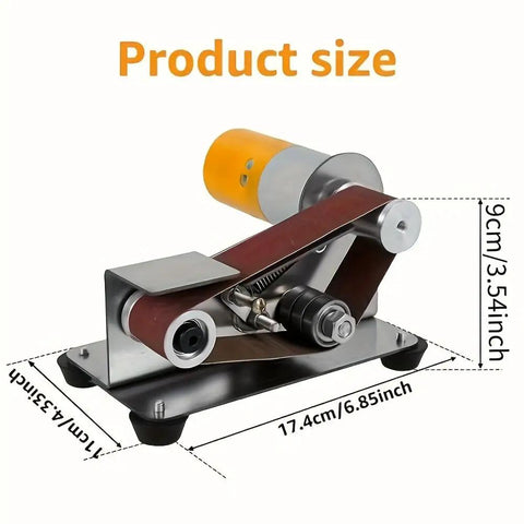 Slick Mini Belt Sander And Variable Speed Grinder Sharpener Polisher Machine For Knife Making And Woodworking With Ten Heavy Duty Sanding Belts Hitting 8000 RPM Seven Adjustable Settings compact size measurements shown.