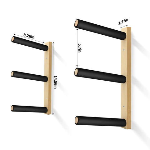 Handcrafted Natural Wood Wall Mount Skateboard Rack Holds Three Longboards And Snowboards Featuring Protective Cushioned Sleeves with dimensions.
