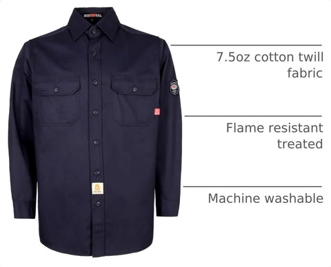 Throw On This Men's Flame Resistant Work Shirt Built From 7.5oz Cotton Twill NFPA 2112 Cat 2 Certified, navy, durable design.