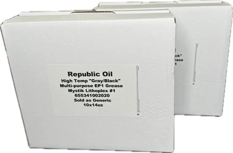 Front view of Premium High Temp Gray And Black Number One Lithium Complex Grease Pack Twenty 14 Ounce Tubes In Two Boxes.