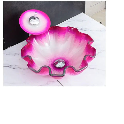 USZWBY Vessel Sinks Bathroom Vessel Sink Tempered Glass Wash Basin Art Counter Set Bathroom Bowl Sink with pink ruffled edge design.