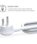 Close-up of white flat plug from 8-Outlet Surge Protector Power Strip With Flat Plug And 4.5 Foot Extension Cord, 5 AC Outlets And 3 USB Ports, 1250 Watts And 10 Amps, 700 Joules, Wall Mount Ready For Home Office And Dorm, ETL Listed White.