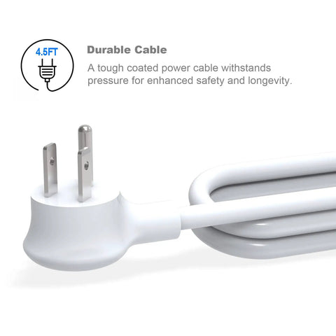 Close-up of white flat plug from 8-Outlet Surge Protector Power Strip With Flat Plug And 4.5 Foot Extension Cord, 5 AC Outlets And 3 USB Ports, 1250 Watts And 10 Amps, 700 Joules, Wall Mount Ready For Home Office And Dorm, ETL Listed White.