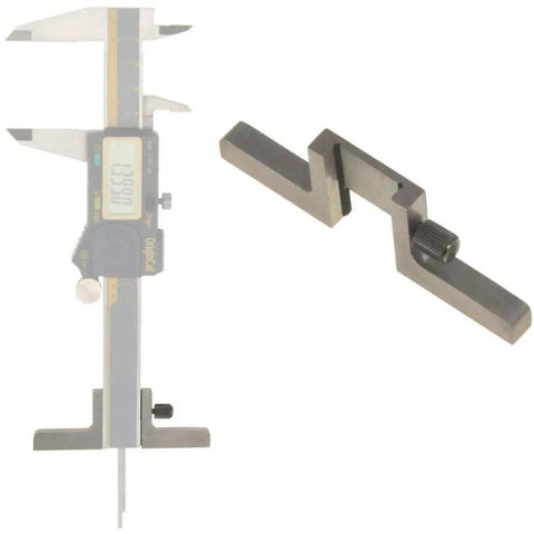 Stainless Steel Caliper Depth Base T Bar Attachment with locking nut turns calipers into depth gauges, next to digital caliper."}
