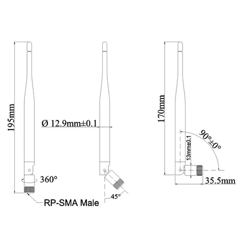 Technical diagram of Bluetooth And WiFi Antenna SMA Male 2.4GHz 6dBi Booster for precise dimensions and angles