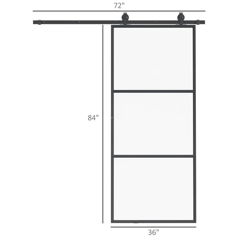 Super Slick Frosted Privacy Glass Barn Door Hardware Kit With Heavy Duty Track And Silent Rolling Wheels For Easy 36 By 84 Inch Sliding Install Plus Smooth Gliding Action Room Divider Setup front view with dimensions 36 by 84 inches.