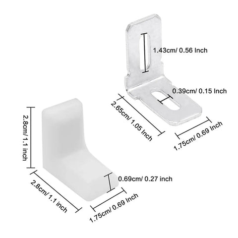 20 Pcs Metal And Plastic L Shaped Angle Brackets Set showing precise dimensions for DIY projects and furniture reinforcement.