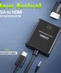 VGA To HDMI Converter Adapter For PC And Laptop 1080P HD Video With Audio, USB powered, showing connectors, black