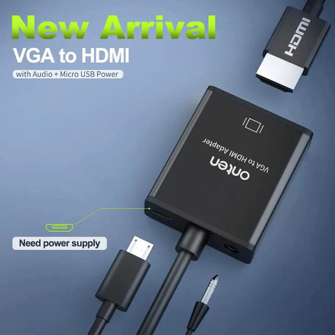 VGA To HDMI Converter Adapter For PC And Laptop 1080P HD Video With Audio, USB powered, showing connectors, black