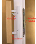 Sliding Patio Door Handle Set With Oak Interior And White Diecast Pull Mortise Lock And 45 Degree Keyway Fits Three To Fifteen Sixteenth Inch Screw Hole Spacing Non Keyed With Latch Locks Replacement For Worn Or Broken Sliding Glass Door Hardware