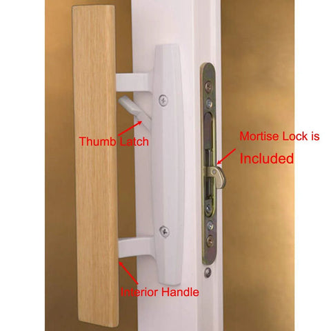 Sliding Patio Door Handle Set With Oak Interior And White Diecast Pull Mortise Lock And 45 Degree Keyway Fits Three To Fifteen Sixteenth Inch Screw Hole Spacing Non Keyed With Latch Locks Replacement For Worn Or Broken Sliding Glass Door Hardware