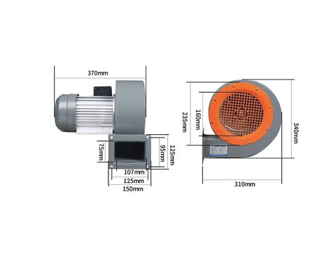 Heavy Duty Industrial Centrifugal Blower Fan Built to Crush the Heat for Smoke Exhaust Plumbing and Water Damage Restoration Runs Dead Quiet on Heavy Duty Sleeve Bearings dimensions and side view