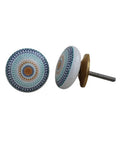 Fifty Pack Of Round Ceramic Drawer Knobs And Flat Cabinet Pulls For Kitchen Cupboards And Bedroom Dressers Featuring Bold Multicolor Glaze Finish Rust Resistant Core And Easy Peasy Mounting to showcase intricate blue and orange pattern design.