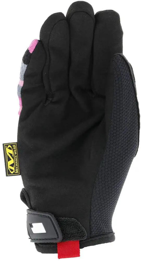 Women's Pink Camouflage Work Gloves With Secure Fit, Flexible Grip, Touchscreen Compatible, Rugged 0.8mm Synthetic Leather For Multi Purpose Use, Durable Tactical Safety Gloves For Small Hands, Ideal For DIY Projects, back view showing secure wrist strap